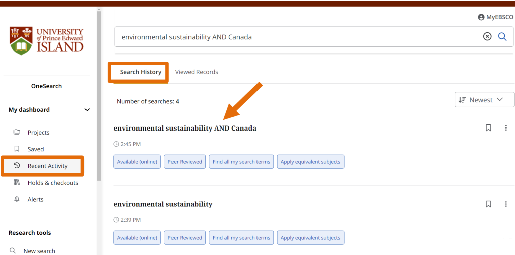 Screenshot of the search history